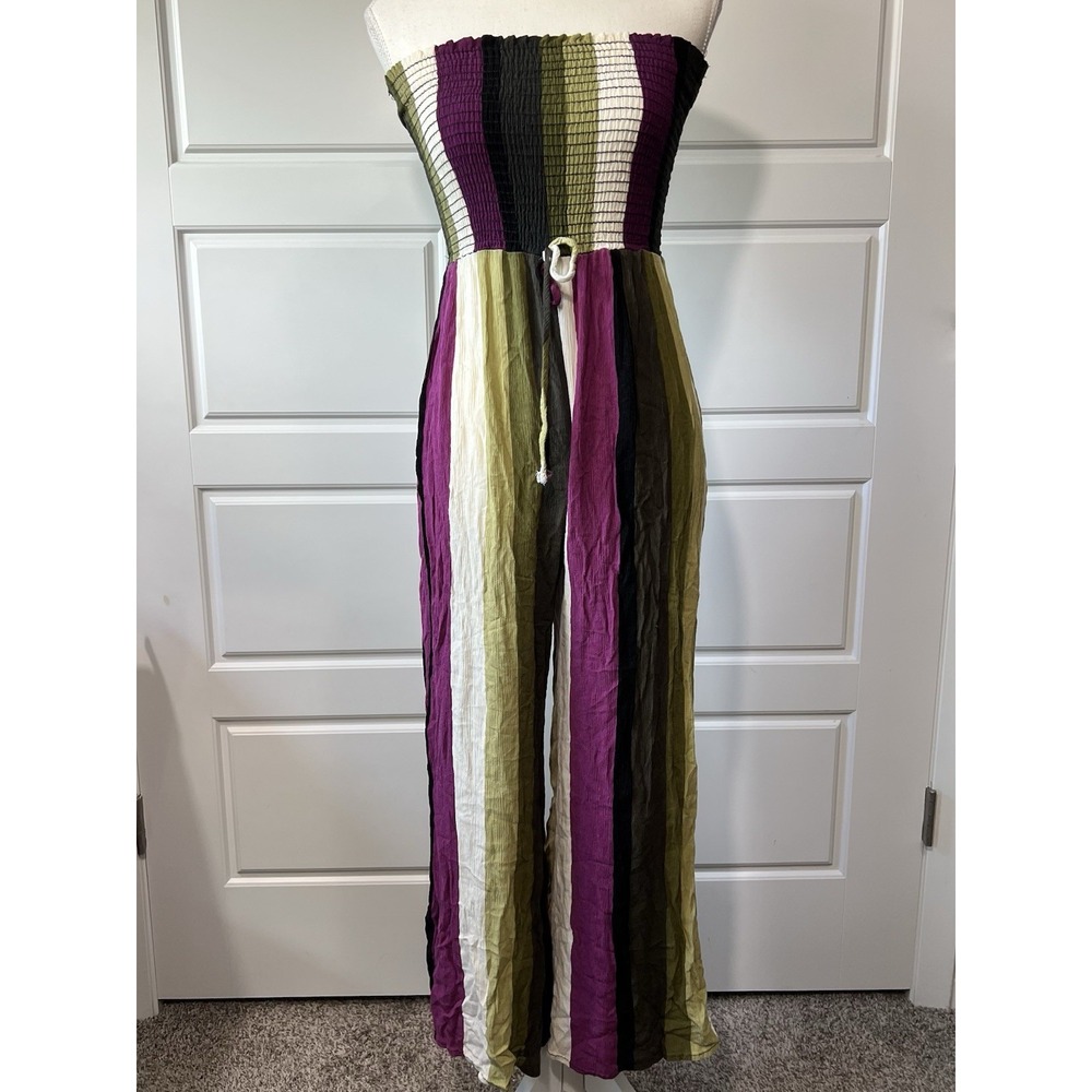 Mind Code Striped Strapless Jumpsuit Wide Leg Drawstring Waist‎ Bohemian Casual